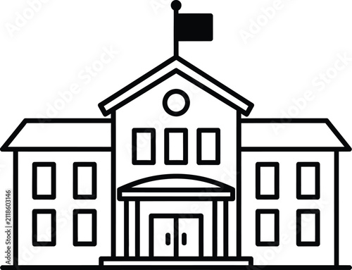 Black and white outline icon of a school building with a flagpole on the roof building education learning institution classroom facility