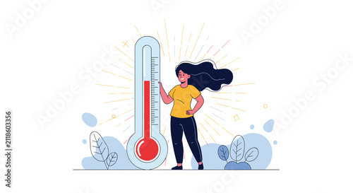 Confident young woman standing next to a giant thermometer showing a high temperature, representing heatwave or summer weather.