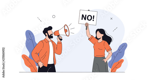 Furious man shouting through a megaphone at a woman holding a protest placard with NO text, flat vector concept.