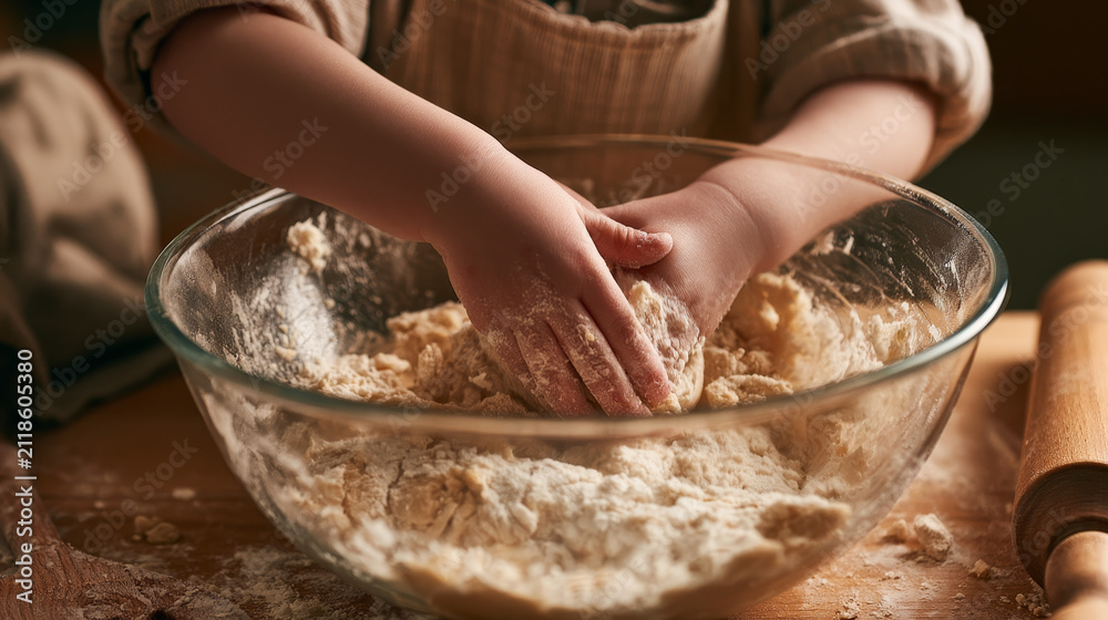 Fototapeta premium Close-Up of Child Mixing Dough in Bowl on Wooden Table, Baking at Home