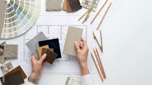 Professional architect planning a home renovation using blueprints and fabric samples
