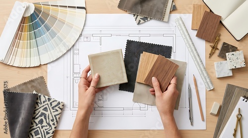 Interior designer working on a project layout with color swatches and architectural blueprints