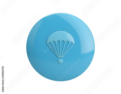 Glossy blue circular button featuring a stylized parachute icon rendered in three dimensions with smooth reflective surfaces and isolated background