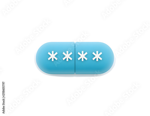 Blue medical pill capsule featuring four white asterisks on its smooth surface isolated against a clean stark white background environment