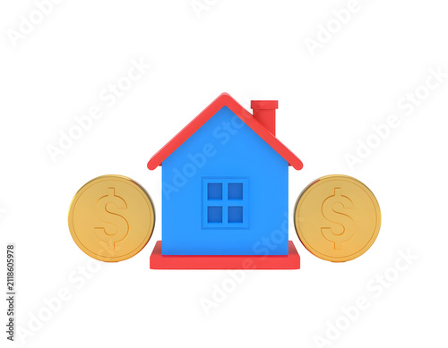 Blue house model featuring a vibrant red roof positioned between two shiny gold dollar coins representing real estate investment concepts