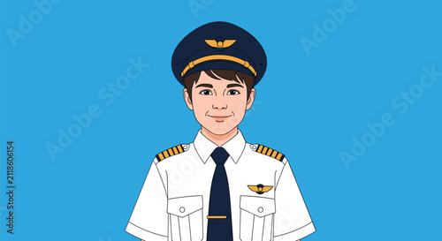 Close up portrait of a young boy dressed as an airline pilot in a white uniform shirt with epaulettes and a captain hat.