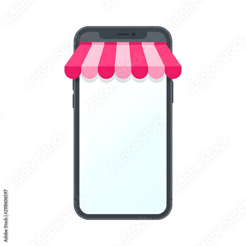 Smartphone with pink striped shop awning top represents mobile commerce business concept in a flat minimalist vector graphic style design