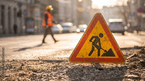 Road Construction Sign with Blurred Worker in Safety Vest on Sunny Street Background with Bokeh Effect