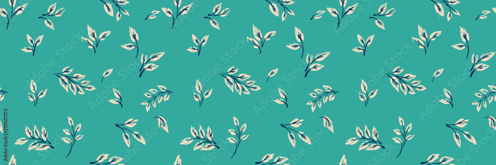 Fototapeta premium Seamless botanical pattern with delicate cream leafy branches on a turquoise background. Fresh modern foliage design ideal for textiles, wallpaper, packaging, and stationery