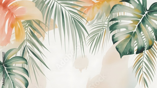 Abstract tropical leaves with palm fronds and monstera foliage in soft orange and green colors