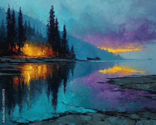 Tranquil Lakeside Cabin at Dusk - A Serene Landscape Painting.