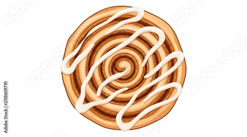 Detailed flat vector of a single cinnamon roll viewed from above, fine spiraling swirl texture detail with visible cinnamon sugar layers, glossy white icing drizzle on top, warm caramel and cream pale