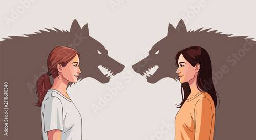 Konstfotografi Conceptual illustration of two women smiling facing each other with aggressive w