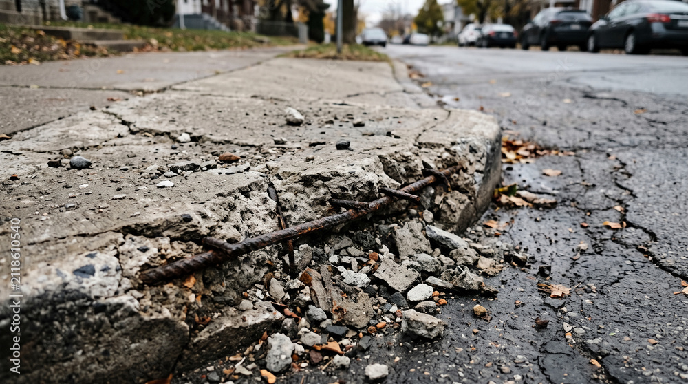 Obraz premium Cracked concrete curb and weathered asphalt street with cars on roadside