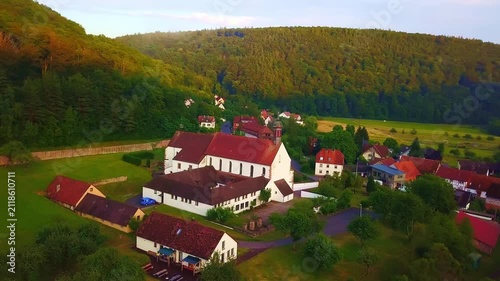 Aerial view of Schönau Abbey in the Saale Valley.