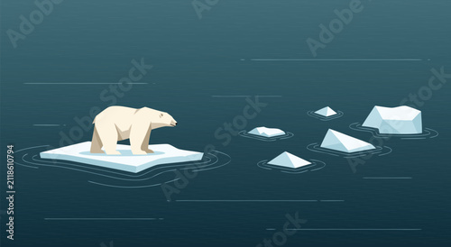Bild auf Leinwand Polar Bear Standing on Floating Ice Floe in Arctic Ocean, Pixel Art Illustration