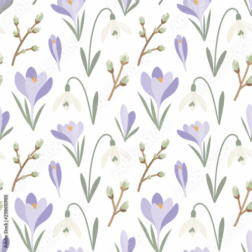 Snowdrop Crocus and Budding Twig Spring Seamless Pattern