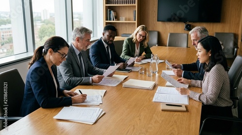 Conflict of interest committee reviewing disclosure forms together at a boardroom table