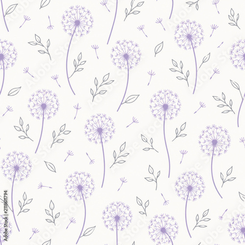Lavender Dandelion Line Art Seamless Pattern on Off White