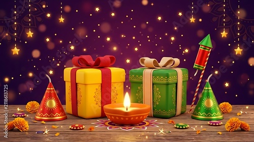 Diwali festival celebration background with gift boxes, traditional oil lamp diya, firecrackers, and marigold flowers on a wooden surface