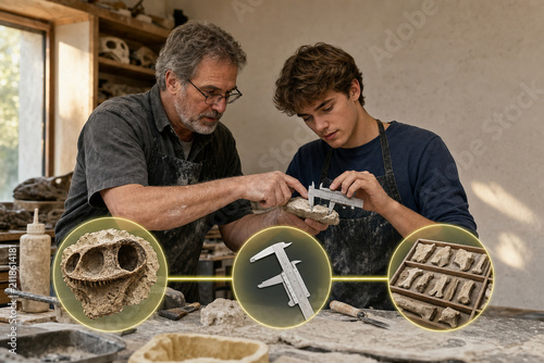 Instructor teaching fossil casting and measurement