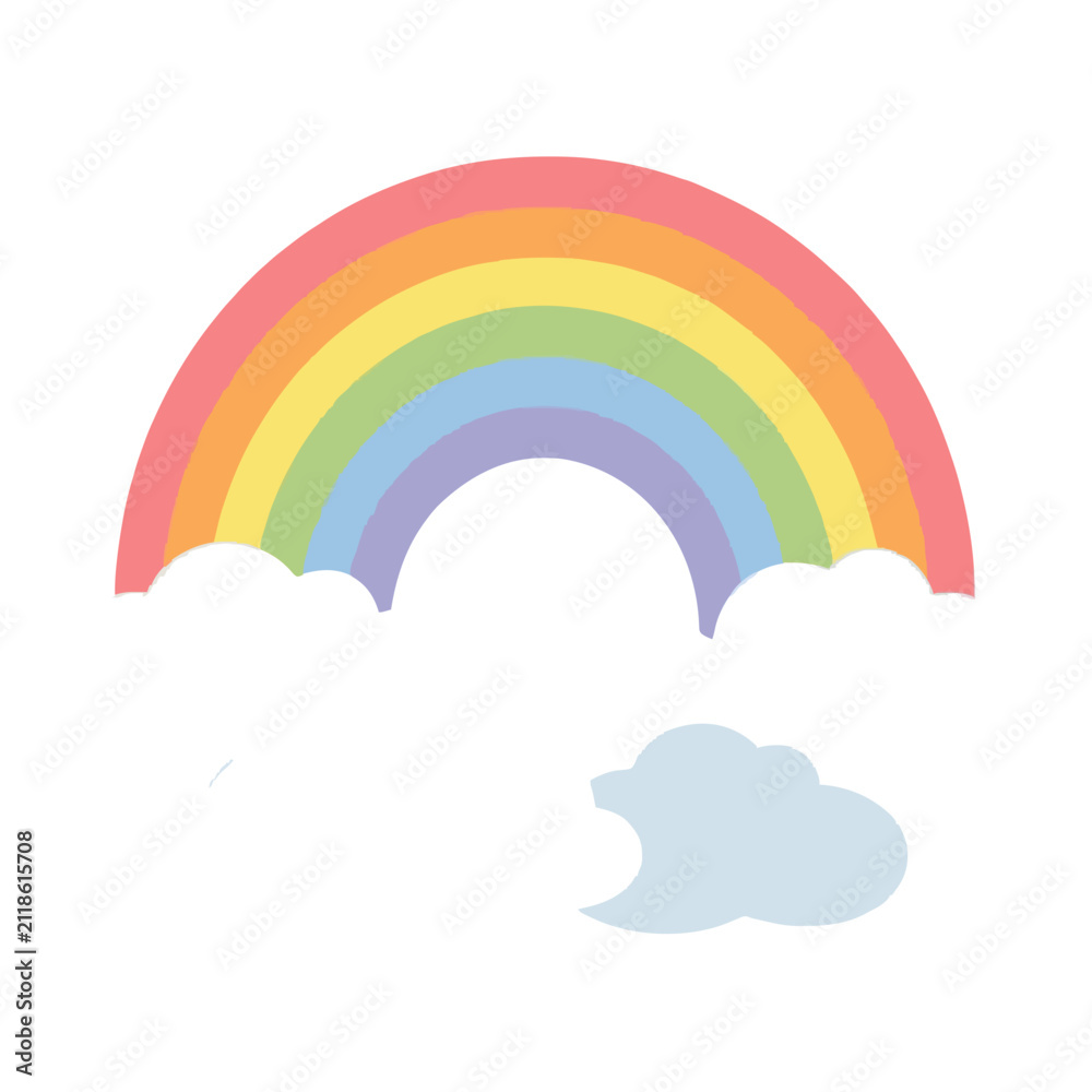 Naklejka premium Colorful pastel rainbow arching gracefully over soft rolling clouds, hand-traced vector illustration with rounded shapes, gentle sky theme, cheerful flat design for cheerful projects