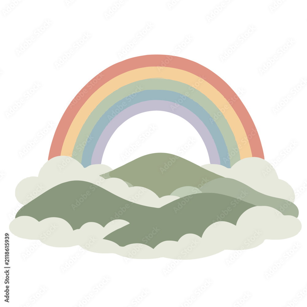 Fototapeta premium Hand-drawn pastel rainbow arching above misty rolling hills with soft cloud wisps, vintage vector illustration icon for nature and weather graphics