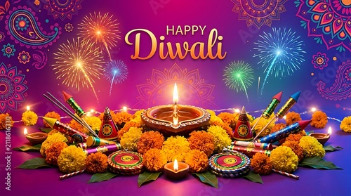 Happy diwali greeting card with traditional oil lamps, marigold flowers, and colorful firecrackers against a festive purple background with fireworks