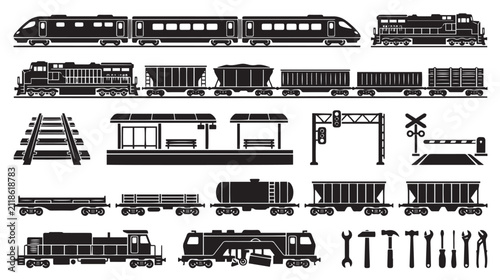 Canvas Print Black train silhouette icons set, locomotive and railway transport elements, fre