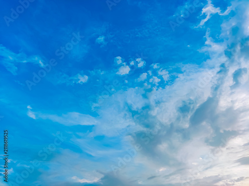 Looking up at the blue sky and clouds at the end of autumn.