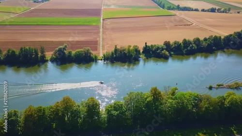 Aerial view of a boat with a water skier in the Main Valley