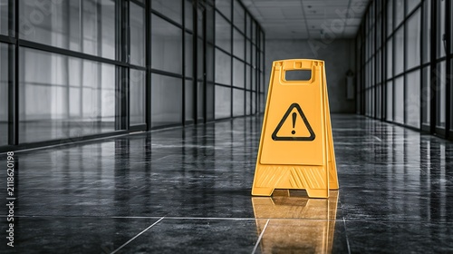 Yellow caution sign on a wet office hallway floor. Concept for workplace safety and hazard prevention.