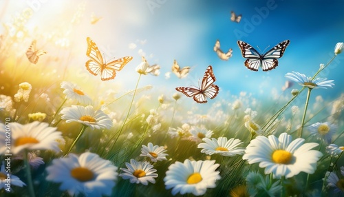 Bright Butterflies Flutter Gracefully Over A Sunlit Field Of White Daisies Against A Bokeh Of Grass Chamomile Blue Sky In A Soft Glow And Dreamy Atmosphere Of An Serene Summer Morning Ai Generated