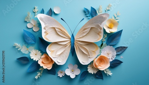 Paper Butterfly With Flowers And Leaves Arranged On A Light Blue Background Soft Shadows Create Depth