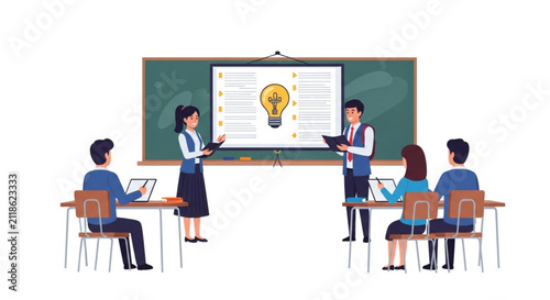 Teacher instructs student in classroom. Student learns and interacts with digital device at desk.