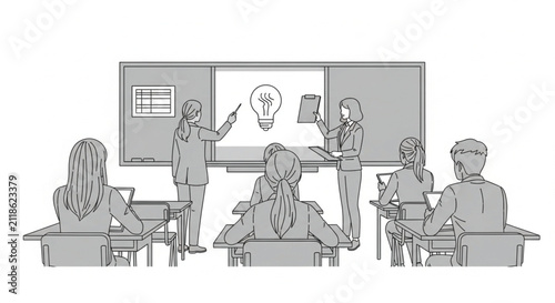 Teacher presenting at a whiteboard to students in a classroom, one student working on laptop