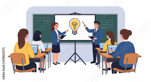 Teacher presenting to students in a classroom with laptops and blackboard