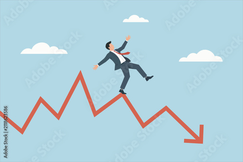 Canvastavla Businessman losing balance on a falling market chart, symbolizing financial instability, investment risk, economic downturn, recession, market volatility, and business crisis