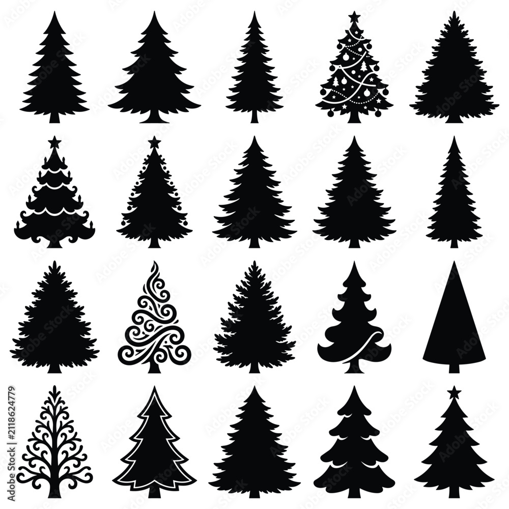 Obraz premium Artistic christmas tree silhouettes with swirling patterns and decorative floral elements