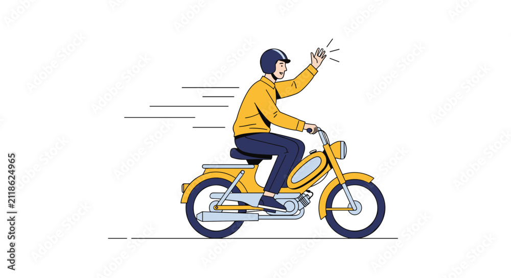 Fototapeta premium Delivery courier service worker or cheerful man riding a yellow retro scooter waving hand on a white background.