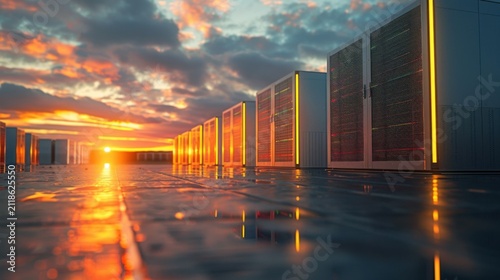 futuristic smart battery storage system in clean city