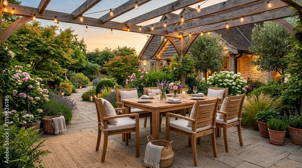 Fototapeta premium Cozy Garden Patio Dining Set with String Lights at Dusk