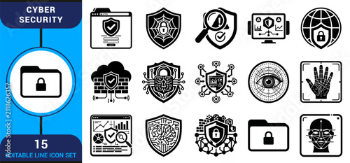 A comprehensive set of fifteen black and white line art icons representing various concepts of digital security and data protection for web design