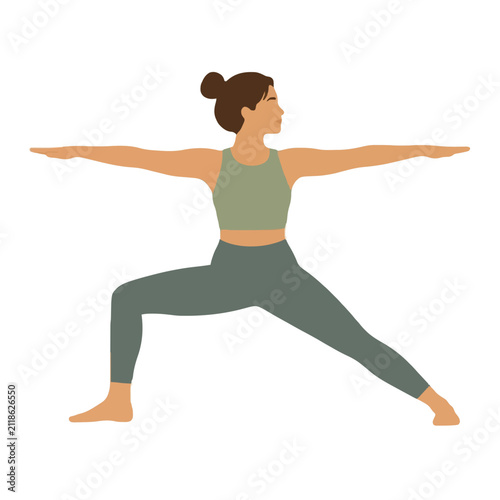 Woman practicing warrior two yoga pose, flat vector illustration of fit female in athletic wear performing standing side lunge with extended arms, hand drawn exercise graphic icon
