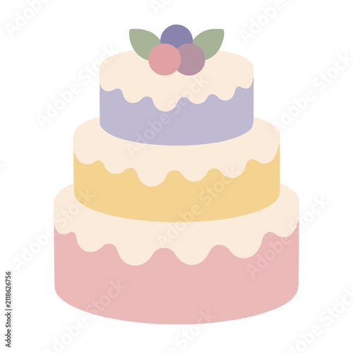 Pastel three tier cake vector icon illustration with cream drips and berry floral topper in soft pink yellow purple colors for bakery celebrations