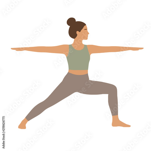 Hand-traced vector illustration of a woman balancing in warrior yoga pose, side profile with arms extended, showcasing calm strength and elegant graphic design