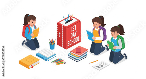 Young Student Preparing for School with Books and Supplies, Isometric Vector Illustration