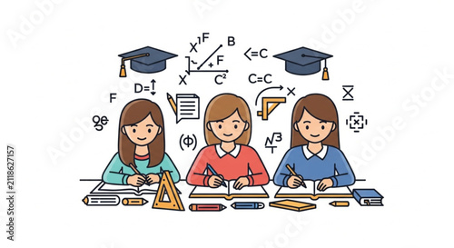 Young student studying mathematics with educational symbols and graduation cap vector illustration
