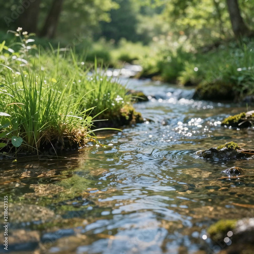 Peaceful forest stream with vibrant riverside grass, crystal-clear water, gentle ripples, sunlight reflections, soft green background blur, ultra-realistic photography, premium commercial nature wall