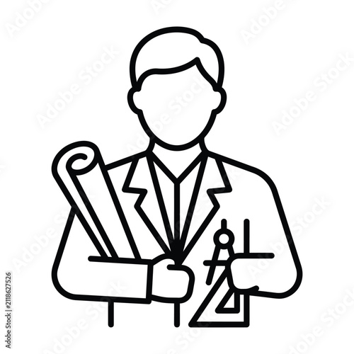 Professional architect holding blueprints and engineering tools outline icon with architect